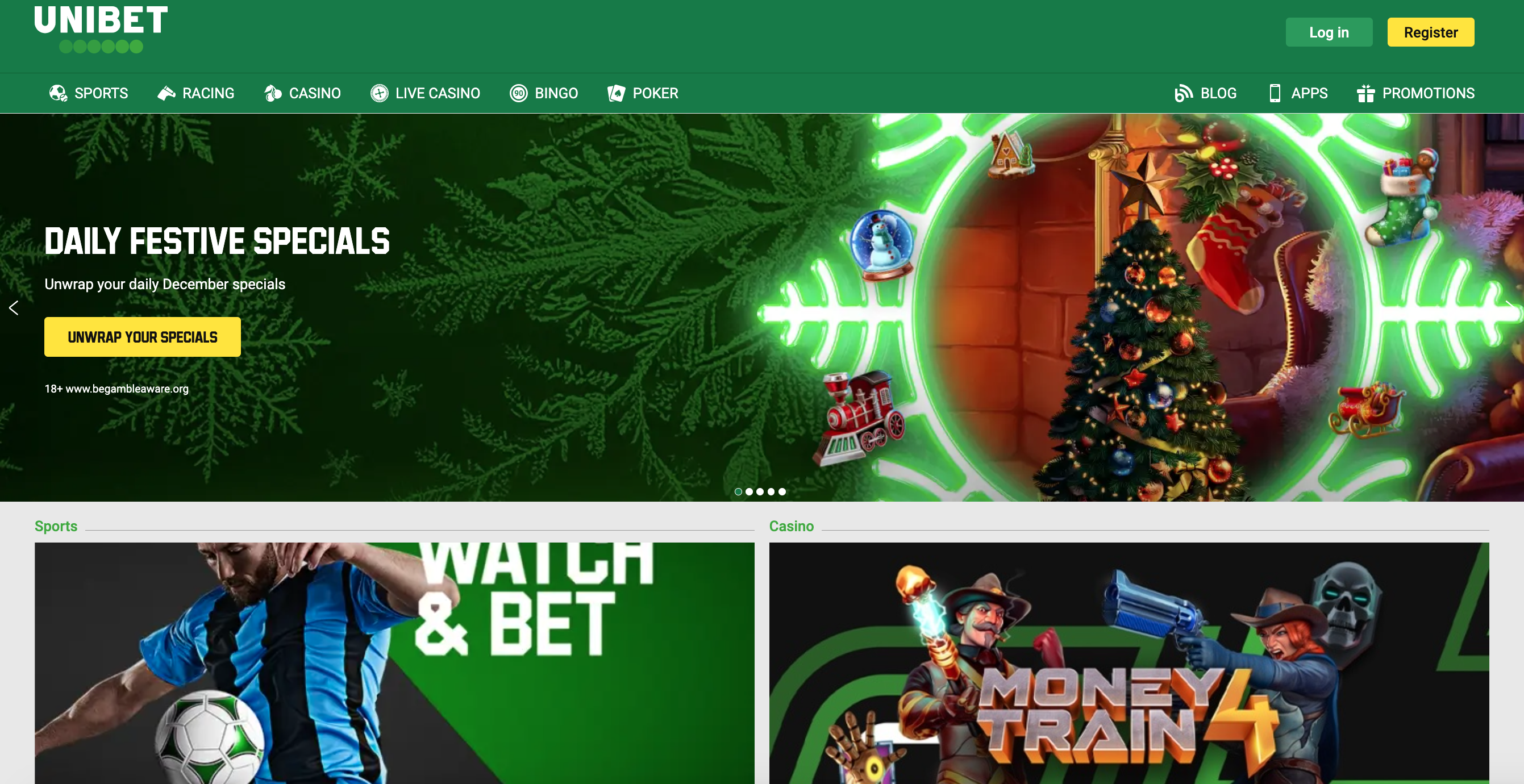 Unibet homepage, showing promotions (including daily festive specials) at the top, with sports and casino ads below